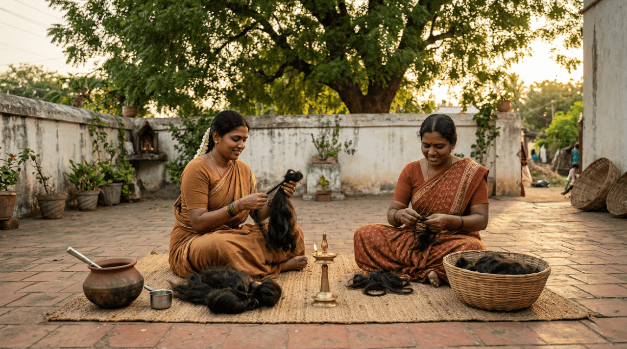 South Indian temple hair sorting — raw human hair quality inspection India